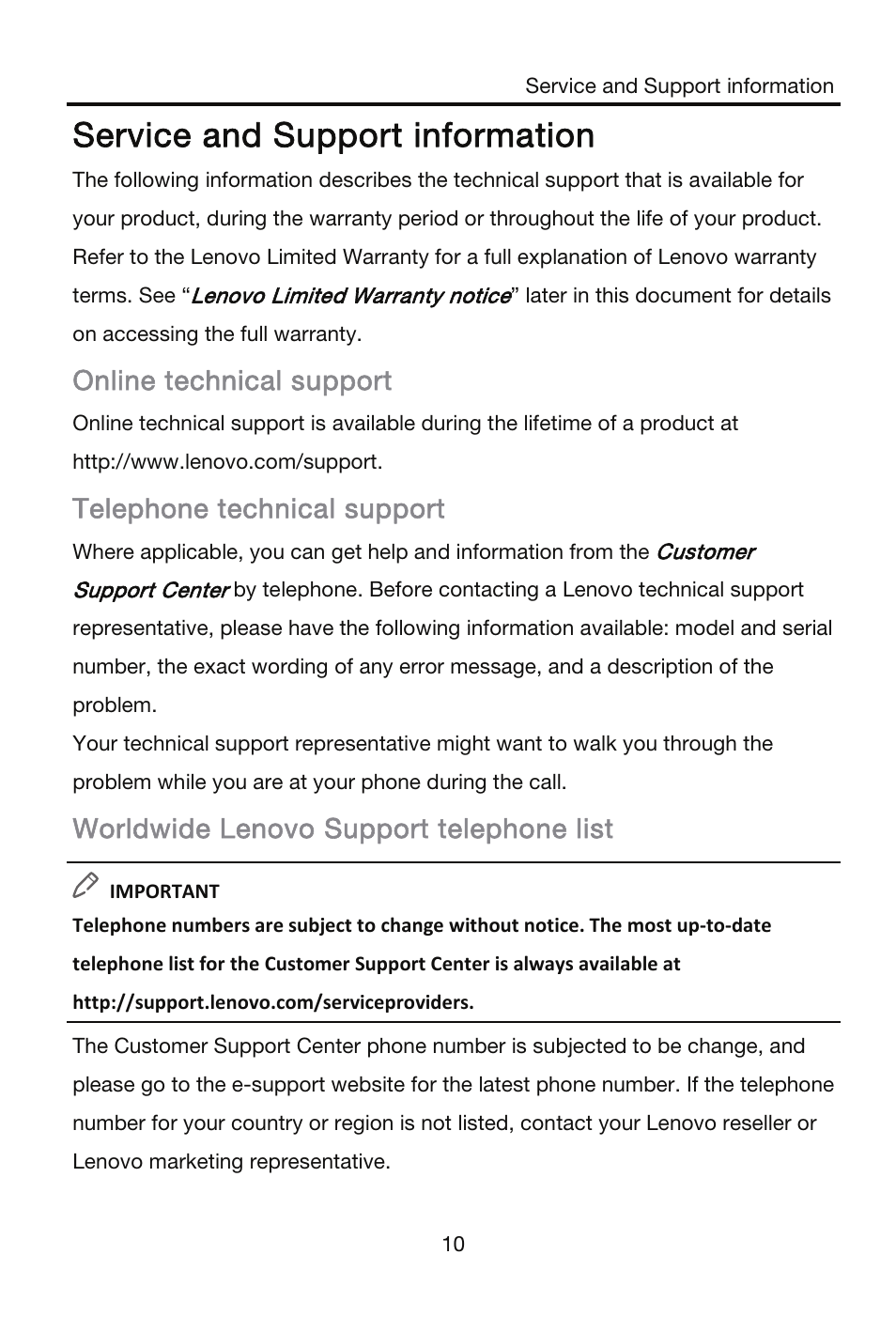 Service and support information, Online technical support, Telephone technical support | Worldwide lenovo support telephone list | Lenovo S856 Smartphone User Manual | Page 12 / 20