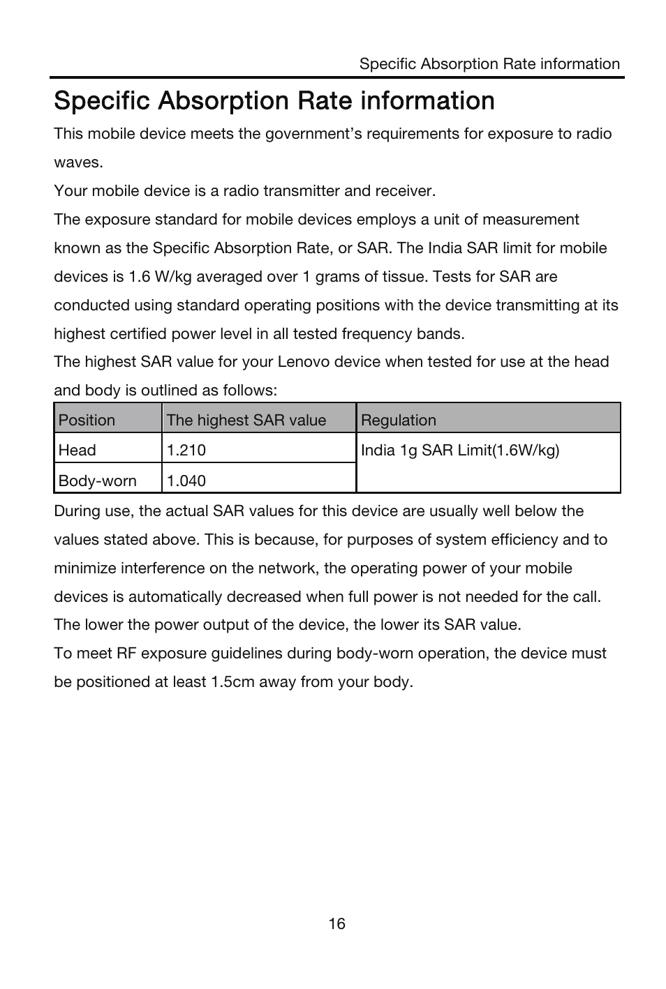 Specific absorption rate information | Lenovo S856 Smartphone User Manual | Page 18 / 20