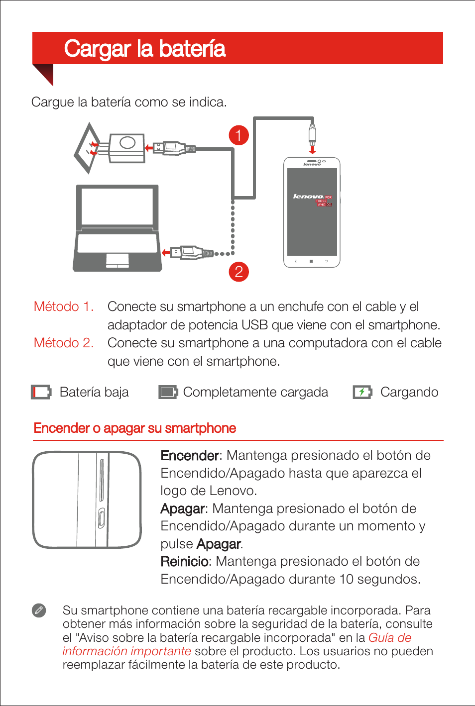 Cargar la batería | Lenovo S850 Smartphone User Manual | Page 11 / 12