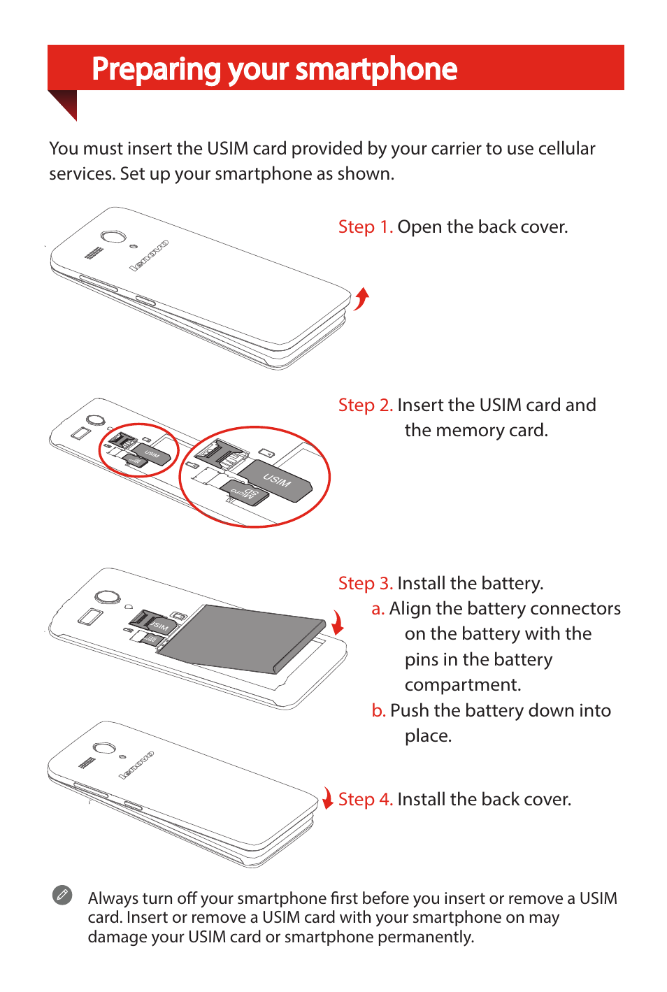 Preparing your smartphone | Lenovo A606 Smartphone User Manual | Page 4 / 6
