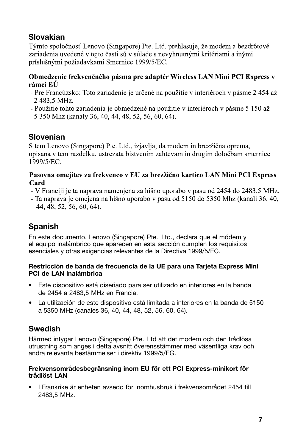 Slovakian, Slovenian, Spanish | Swedish, Slovakian slovenian spanish | Lenovo ThinkCentre M70z User Manual | Page 7 / 12