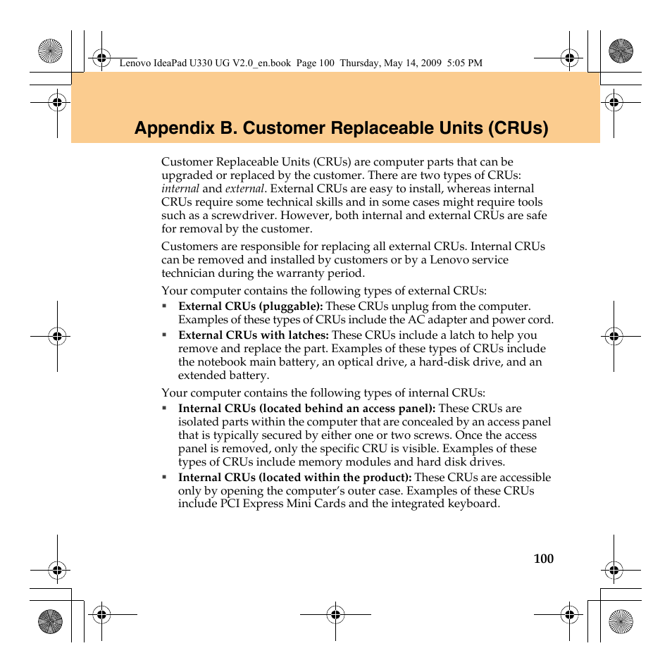 Appendix b. customer replaceable units (crus) | Lenovo IdeaPad U330 User Manual | Page 109 / 135