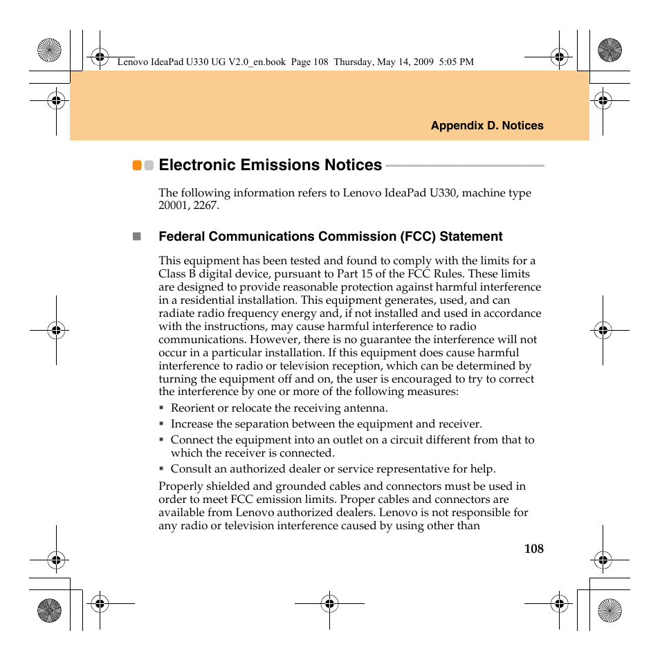Electronic emissions notices, Electronic emissions, Notices | Lenovo IdeaPad U330 User Manual | Page 117 / 135