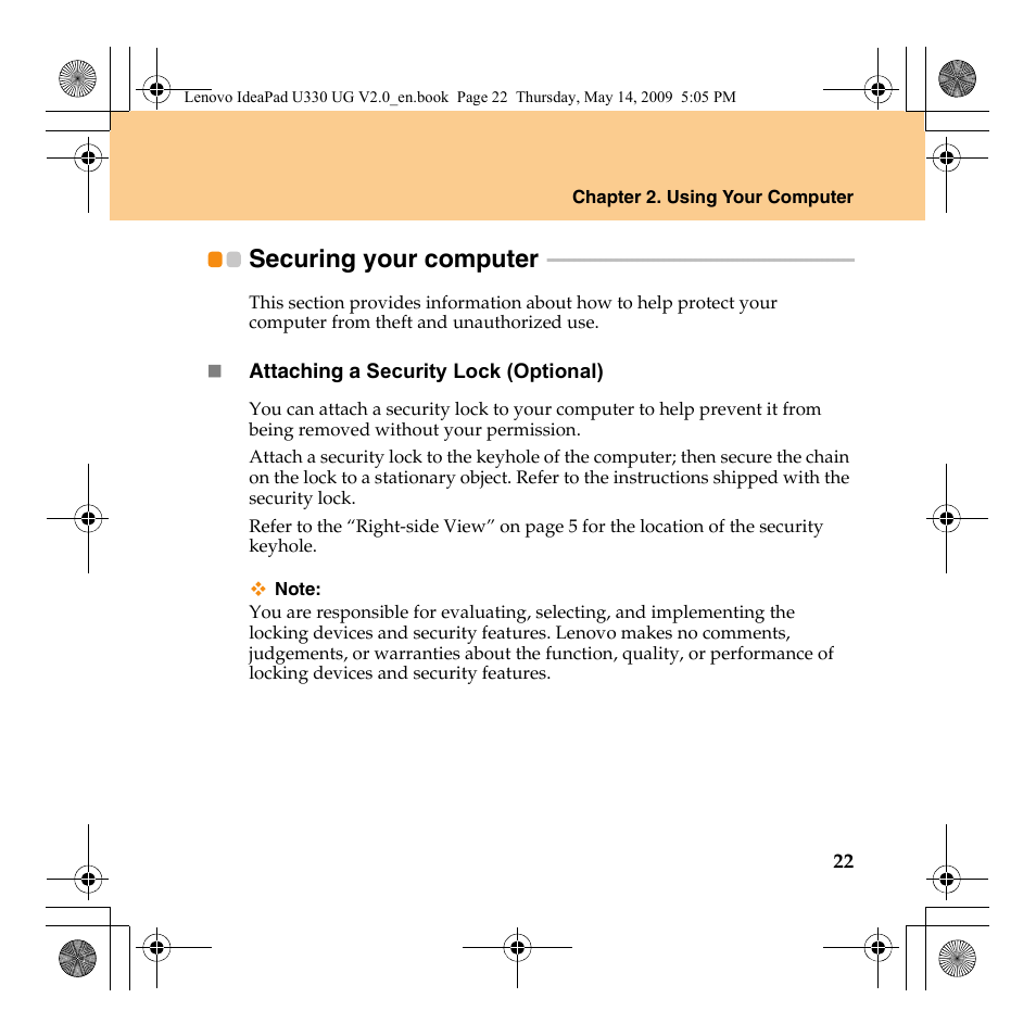 Securing your computer | Lenovo IdeaPad U330 User Manual | Page 31 / 135
