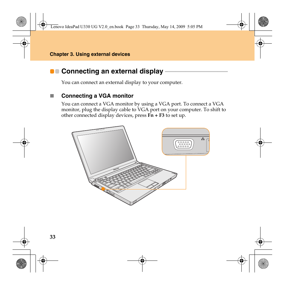 Connecting an external display, Connecting an external, Display | Lenovo IdeaPad U330 User Manual | Page 42 / 135