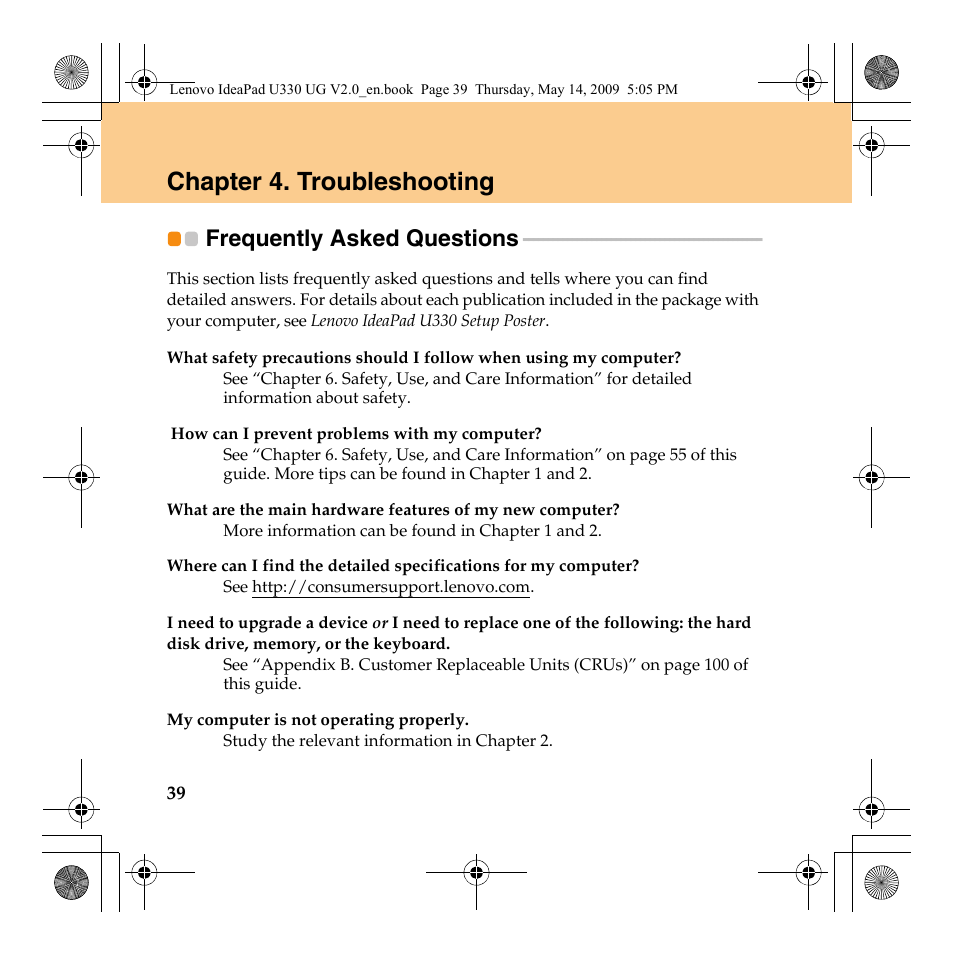 Chapter 4. troubleshooting, Frequently asked questions | Lenovo IdeaPad U330 User Manual | Page 48 / 135