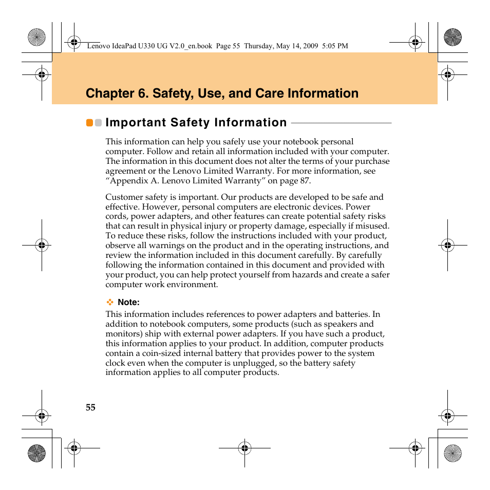 Chapter 6. safety, use, and care information, Important safety information | Lenovo IdeaPad U330 User Manual | Page 64 / 135