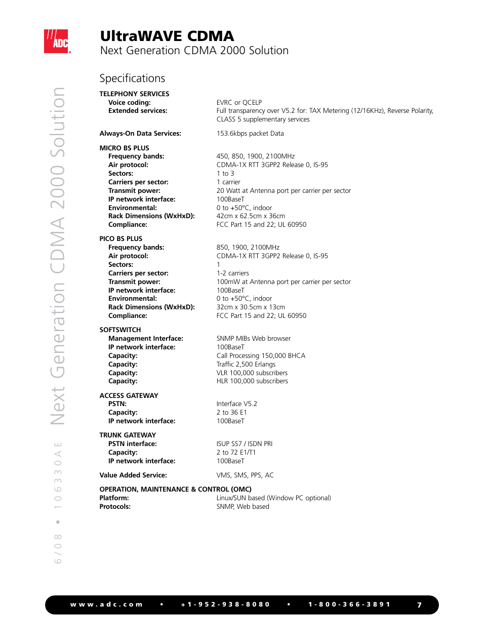 Next generation cdma 2000 solution, Ultrawave cdma, Next generation cdma 2000 solution specifications | ADC UltraWAVE 2000 User Manual | Page 7 / 8