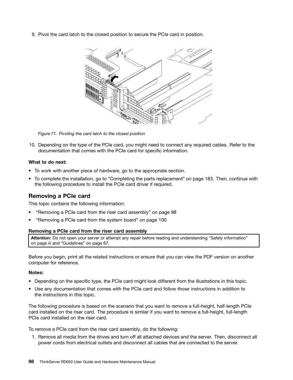 Removing a pcie card from the riser | Lenovo ThinkServer RD650 User Manual | Page 112 / 226