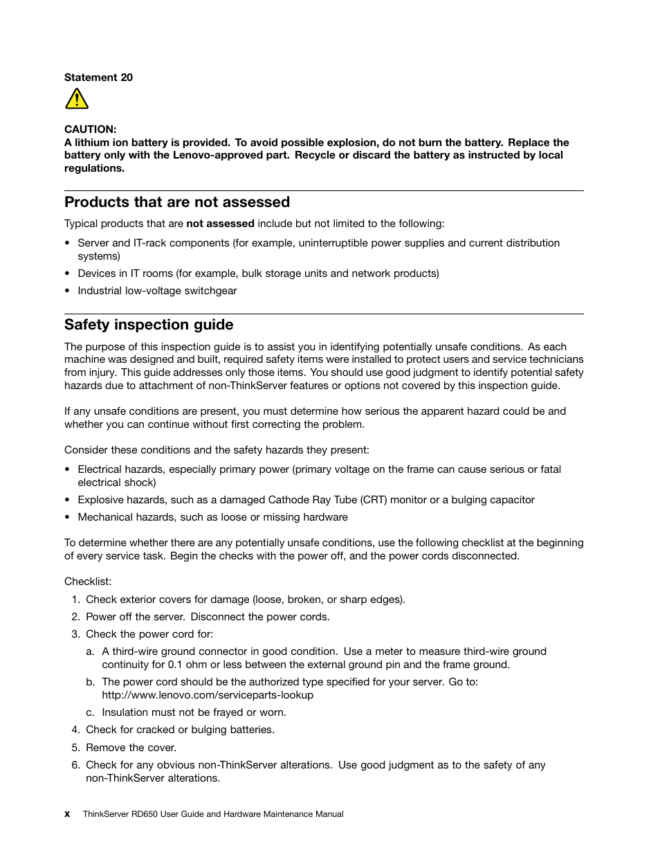 Products that are not assessed, Safety inspection guide | Lenovo ThinkServer RD650 User Manual | Page 12 / 226