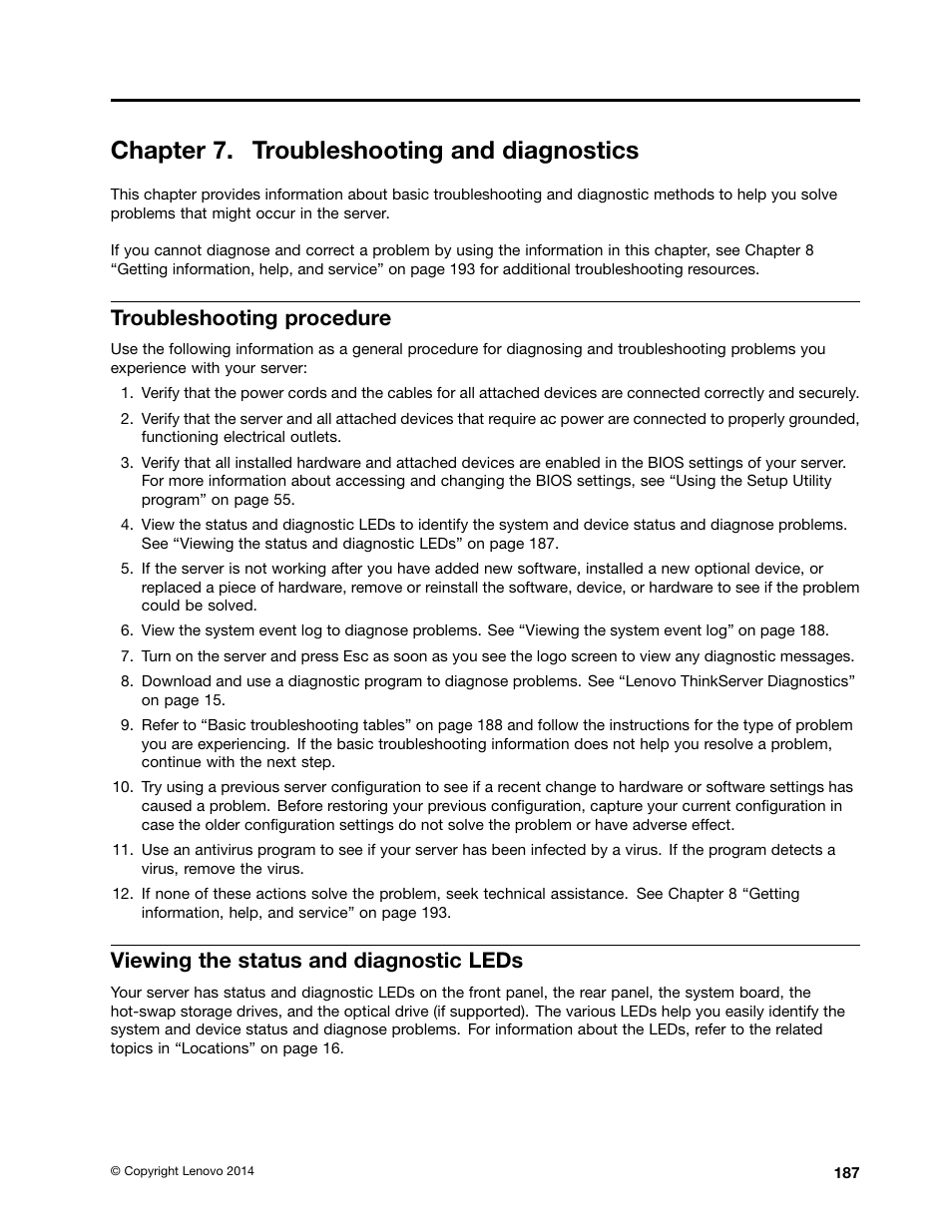 Chapter 7. troubleshooting and diagnostics, Troubleshooting procedure, Viewing the status and diagnostic leds | Lenovo ThinkServer RD650 User Manual | Page 201 / 226