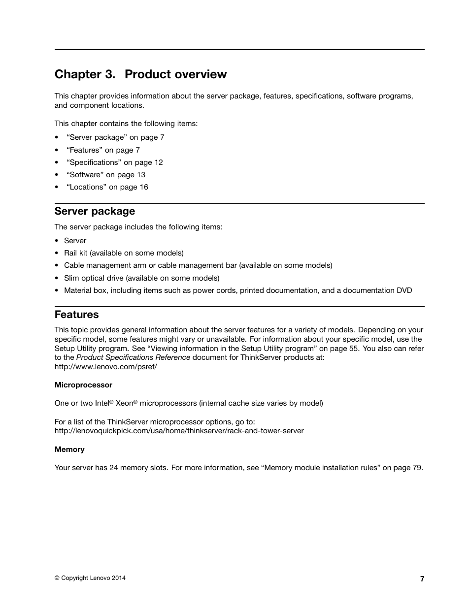 Chapter 3. product overview, Server package, Features | Lenovo ThinkServer RD650 User Manual | Page 21 / 226