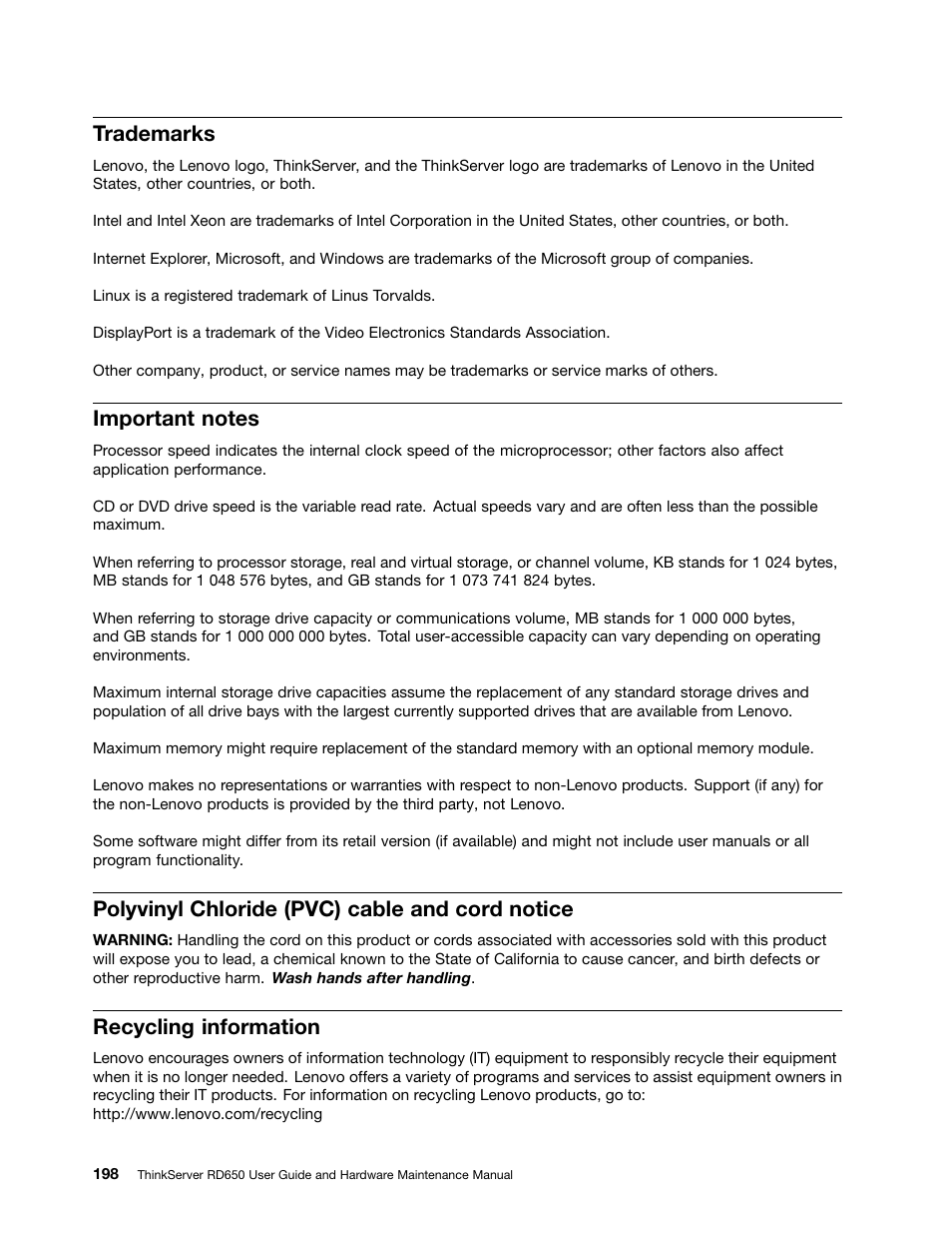 Trademarks, Important notes, Polyvinyl chloride (pvc) cable and cord notice | Recycling information | Lenovo ThinkServer RD650 User Manual | Page 212 / 226