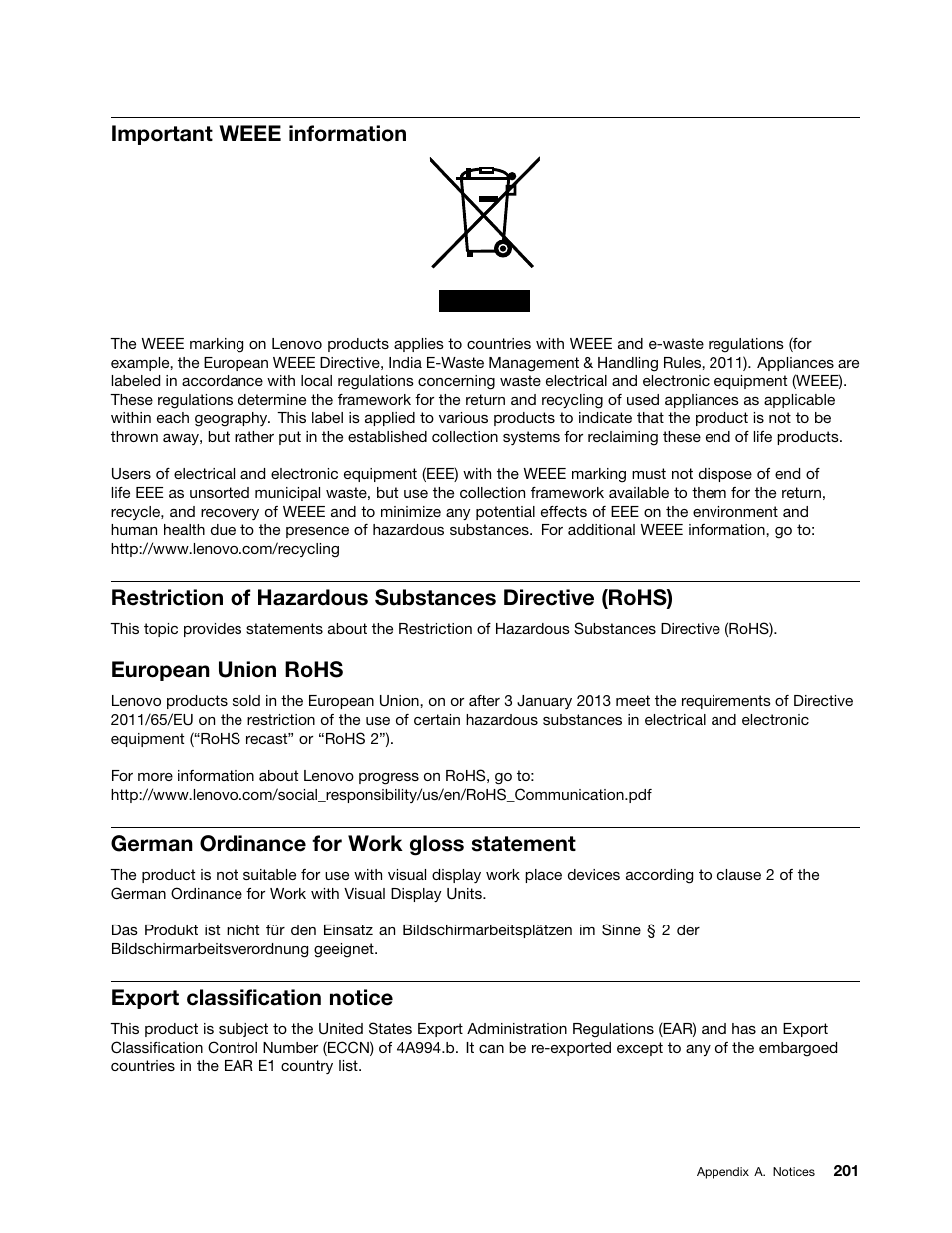 Important weee information, European union rohs, German ordinance for work gloss statement | Export classification notice | Lenovo ThinkServer RD650 User Manual | Page 215 / 226