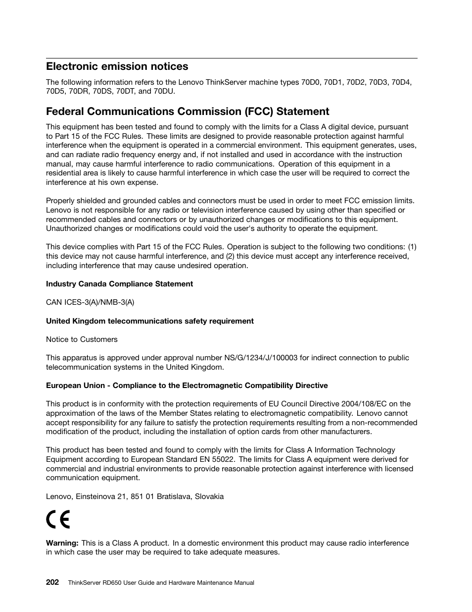 Electronic emission notices, Federal communications commission (fcc) statement | Lenovo ThinkServer RD650 User Manual | Page 216 / 226