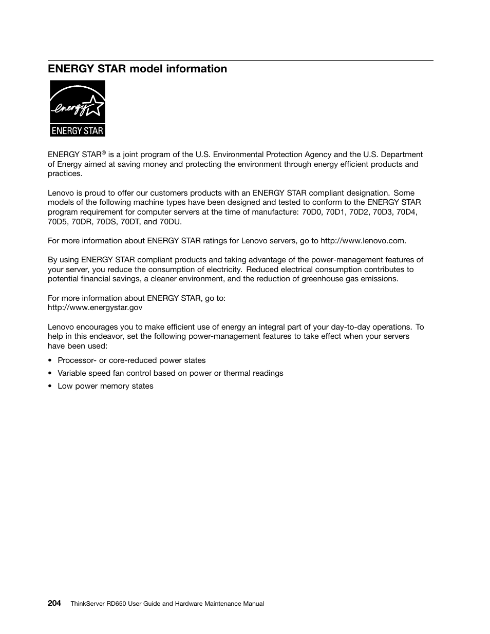 Energy star model information | Lenovo ThinkServer RD650 User Manual | Page 218 / 226