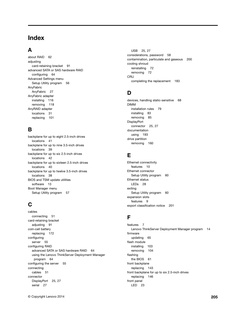 Index | Lenovo ThinkServer RD650 User Manual | Page 219 / 226
