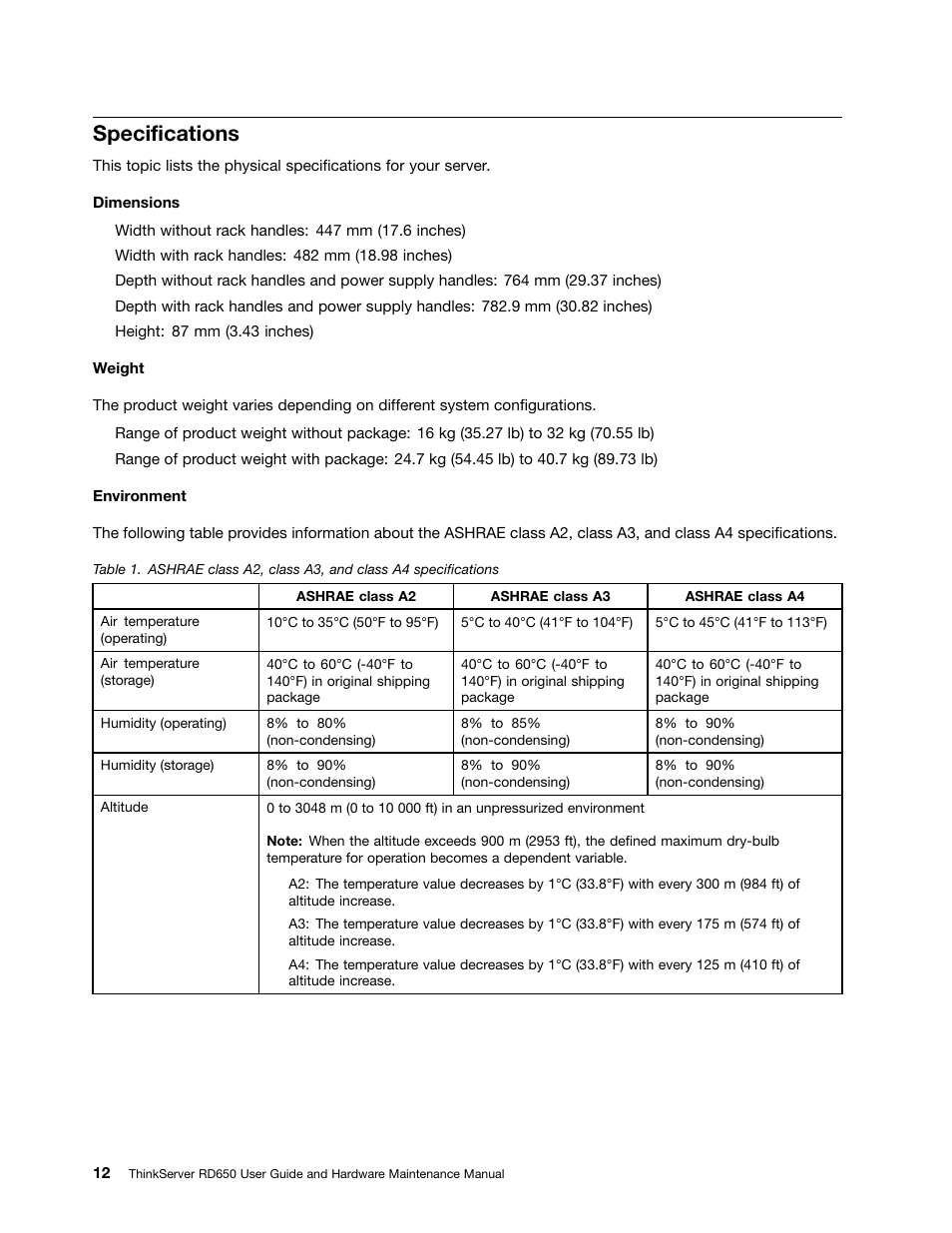 Specifications | Lenovo ThinkServer RD650 User Manual | Page 26 / 226
