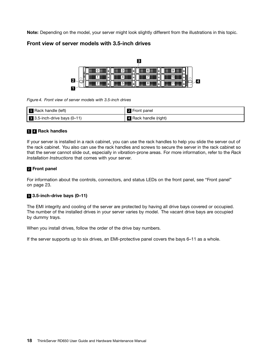 Front view of server models with 3.5-inch drives | Lenovo ThinkServer RD650 User Manual | Page 32 / 226