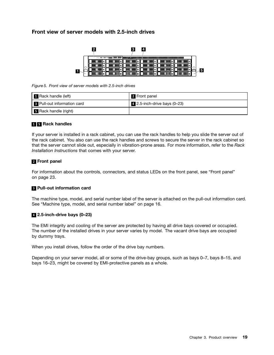 Front view of server models with 2.5-inch drives | Lenovo ThinkServer RD650 User Manual | Page 33 / 226