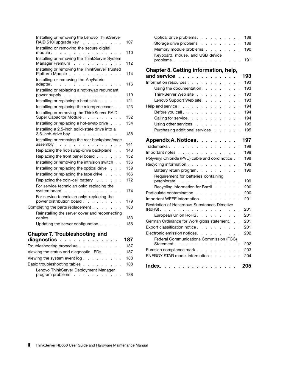 Chapter 7. troubleshooting and diagnostics, Chapter 8. getting information, help, and service, Appendix a. notices | Index | Lenovo ThinkServer RD650 User Manual | Page 4 / 226