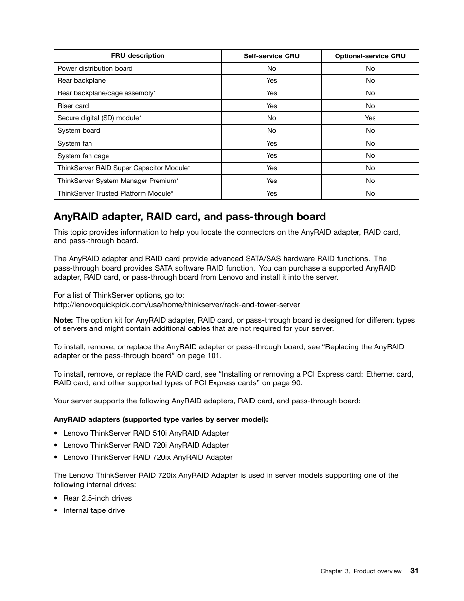 Anyraid adapter, raid card, and pass-through board | Lenovo ThinkServer RD650 User Manual | Page 45 / 226