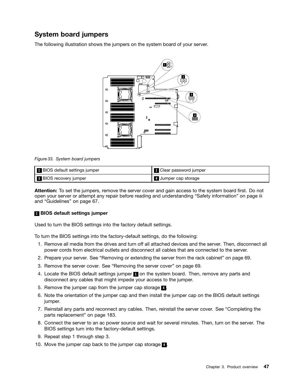 System board jumpers | Lenovo ThinkServer RD650 User Manual | Page 61 / 226