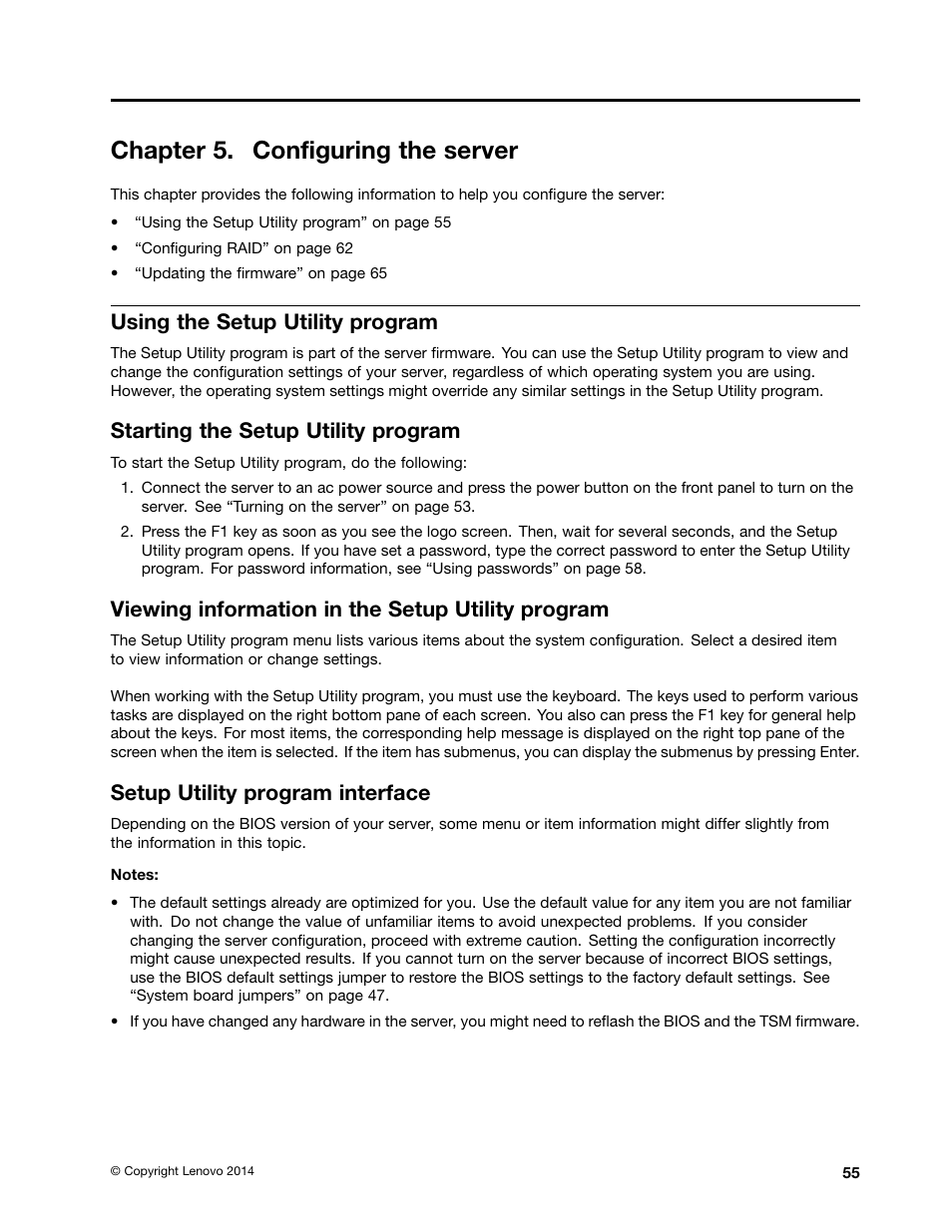 Chapter 5. configuring the server, Using the setup utility program, Starting the setup utility program | Viewing information in the setup utility program, Setup utility program interface, Using the setup | Lenovo ThinkServer RD650 User Manual | Page 69 / 226