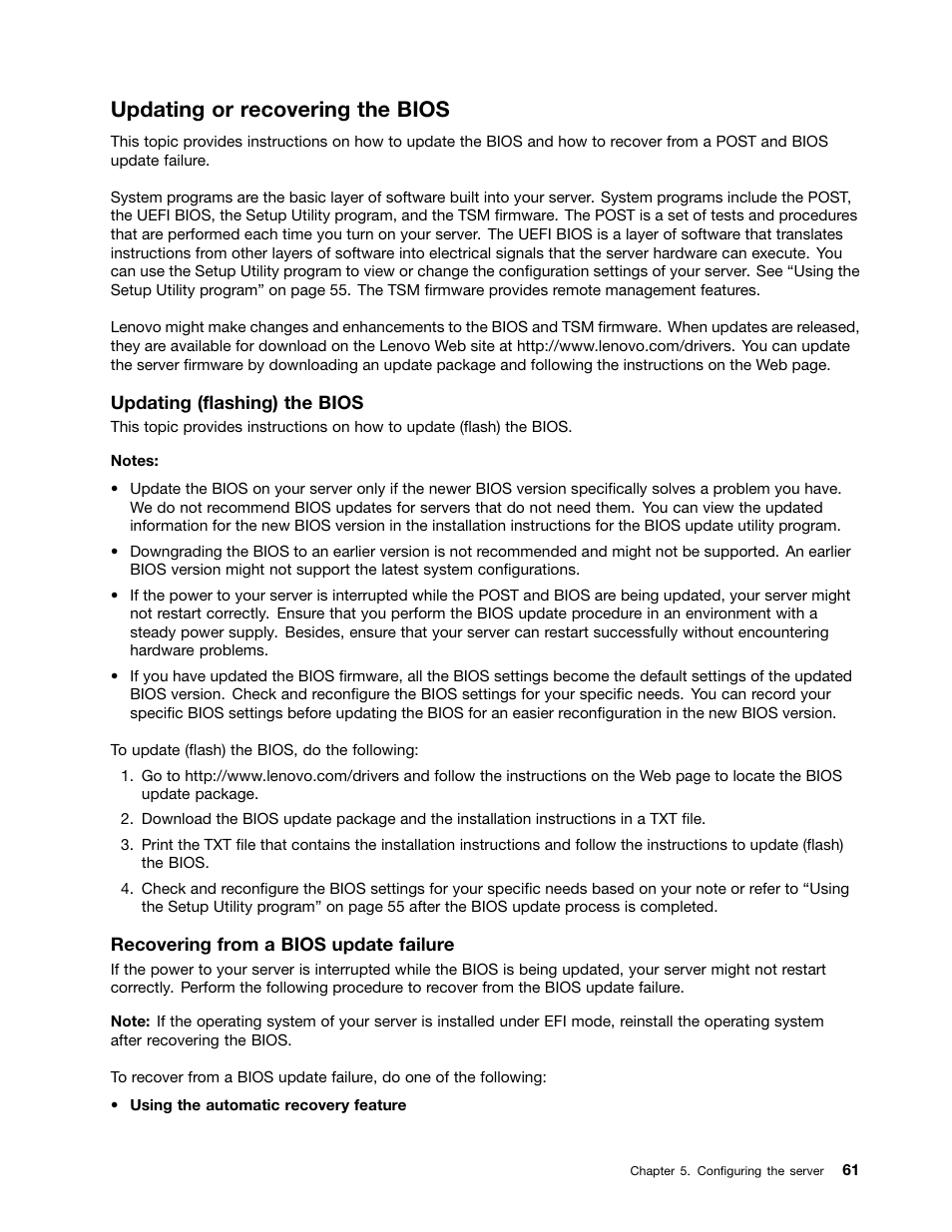 Updating or recovering the bios | Lenovo ThinkServer RD650 User Manual | Page 75 / 226