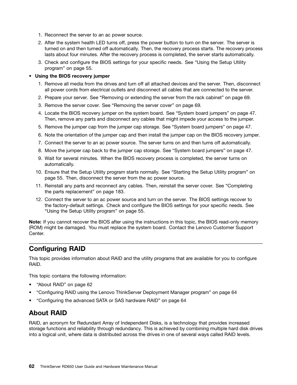 Configuring raid, About raid | Lenovo ThinkServer RD650 User Manual | Page 76 / 226