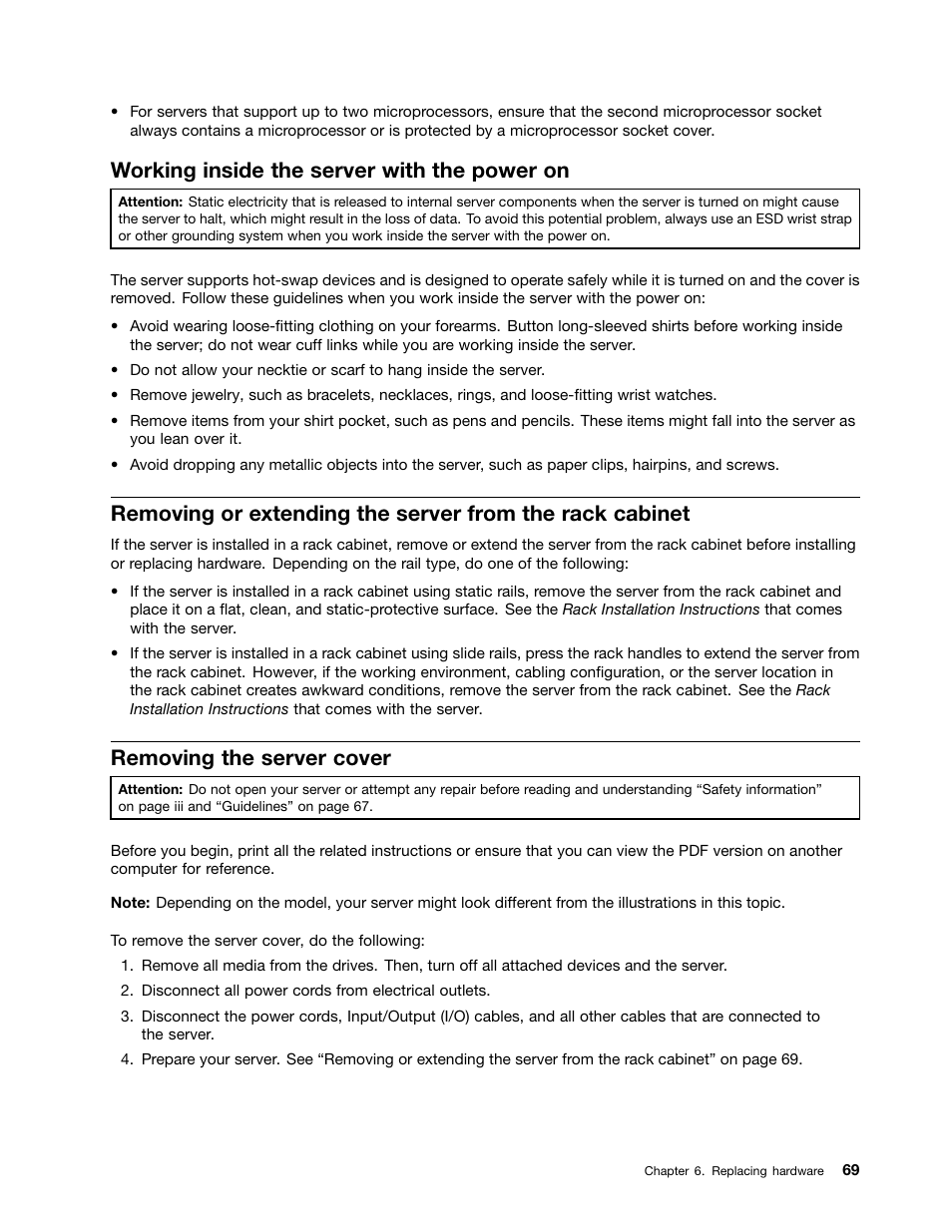 Working inside the server with the power on, Removing the server cover | Lenovo ThinkServer RD650 User Manual | Page 83 / 226