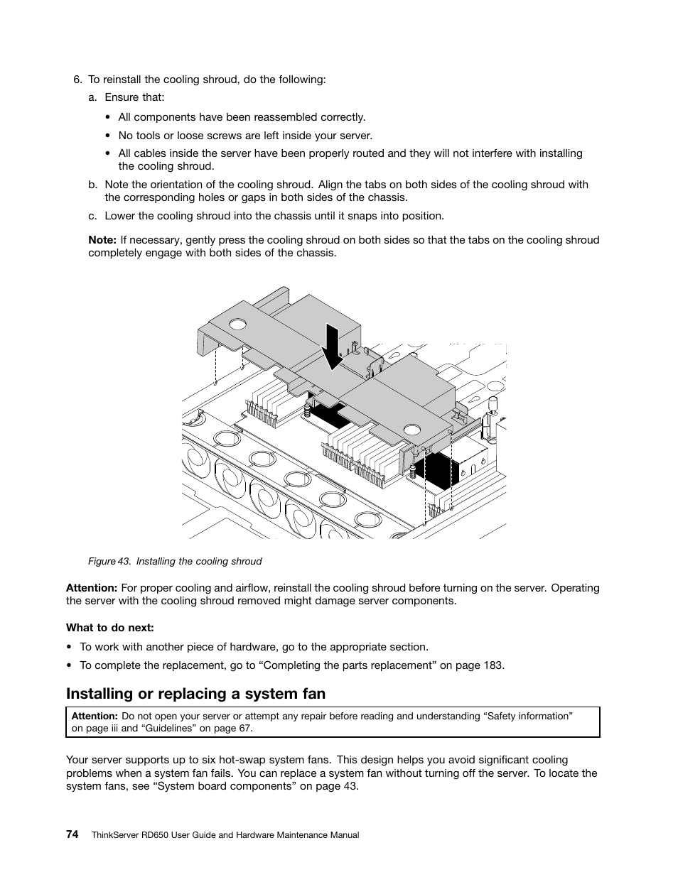 Installing or replacing a system fan | Lenovo ThinkServer RD650 User Manual | Page 88 / 226