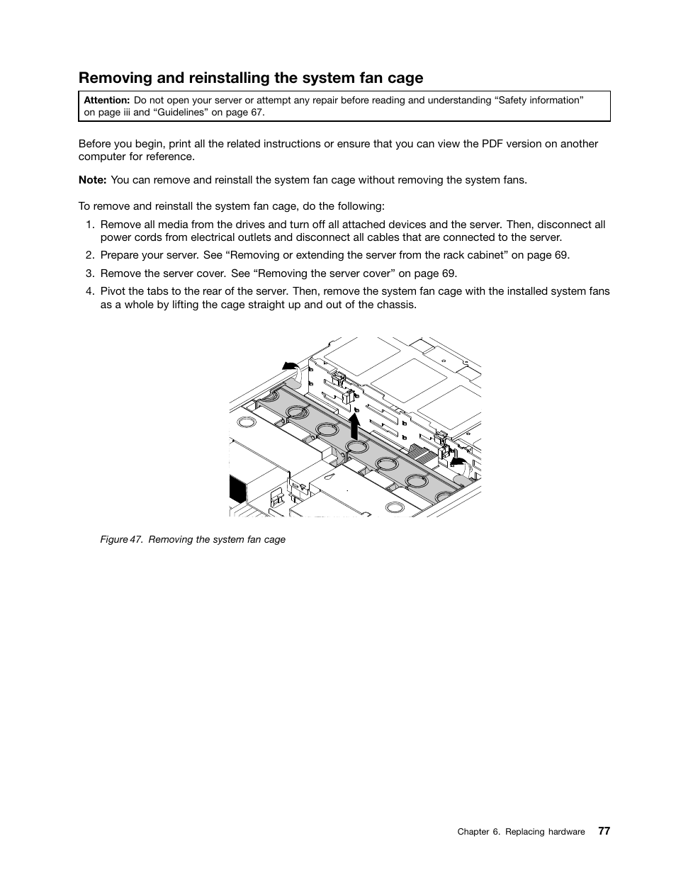Removing and reinstalling the system fan cage | Lenovo ThinkServer RD650 User Manual | Page 91 / 226