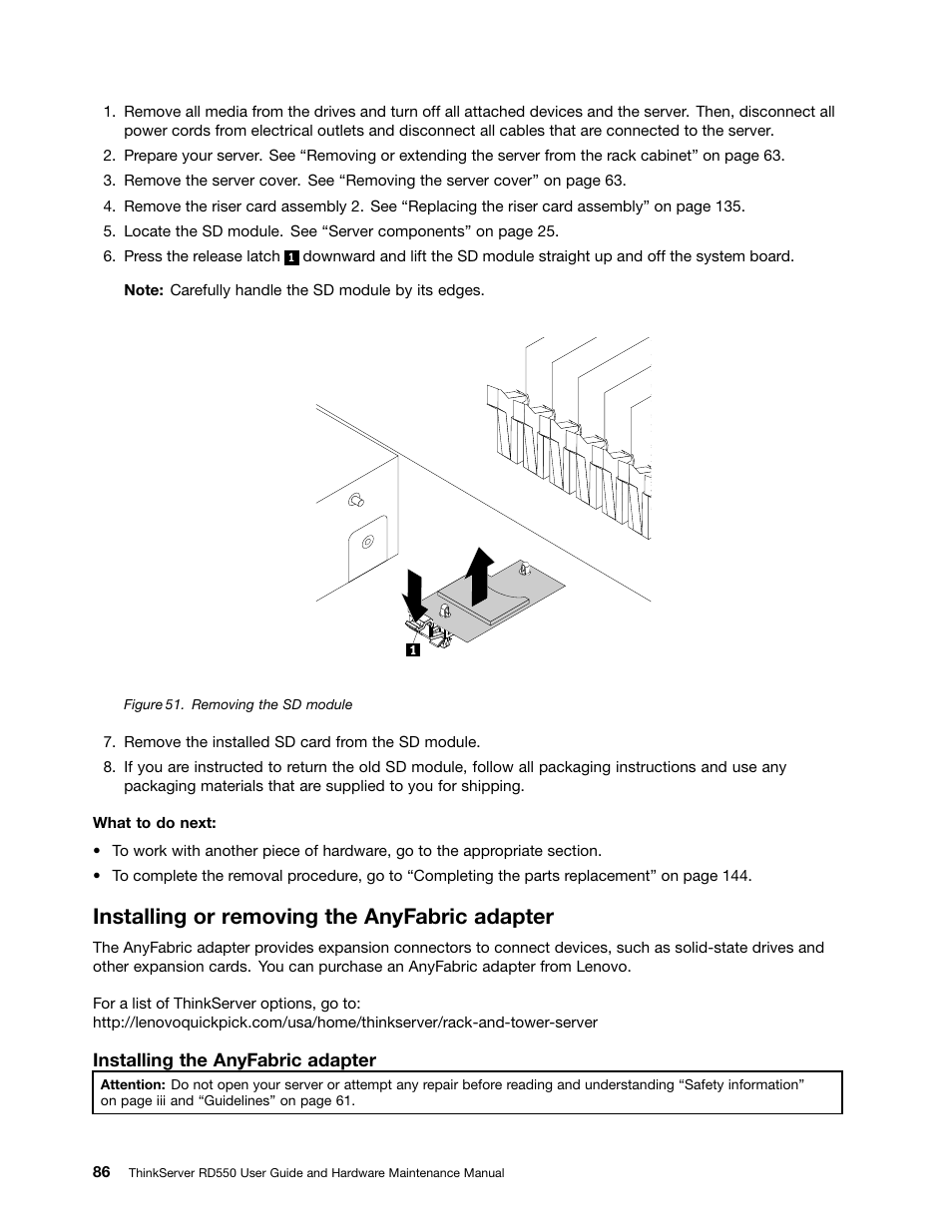 Installing or removing the anyfabric adapter | Lenovo ThinkServer RD550 User Manual | Page 100 / 184