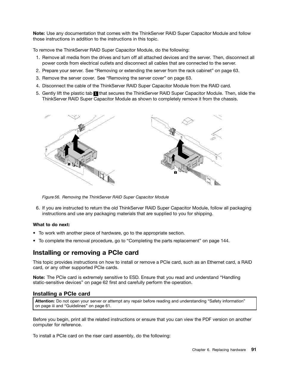 Installing or removing a pcie card | Lenovo ThinkServer RD550 User Manual | Page 105 / 184