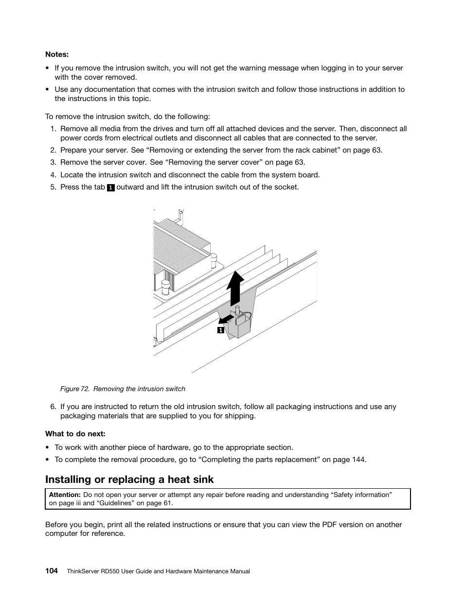 Installing or replacing a heat sink | Lenovo ThinkServer RD550 User Manual | Page 118 / 184