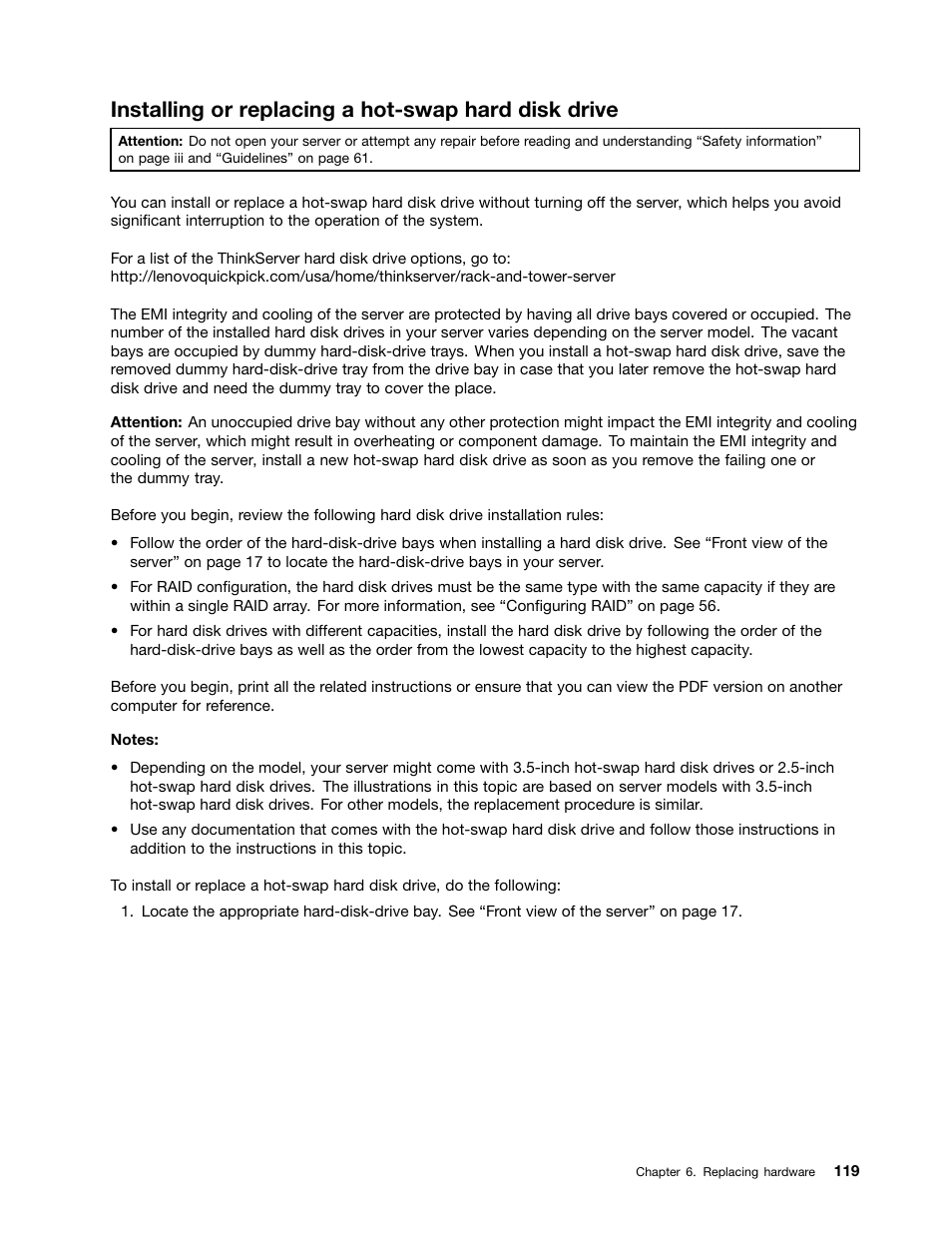 Installing or replacing a hot-swap hard disk drive | Lenovo ThinkServer RD550 User Manual | Page 133 / 184