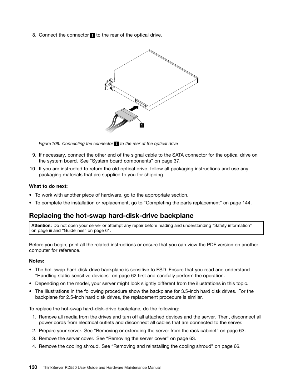 Replacing the hot-swap hard-disk-drive backplane | Lenovo ThinkServer RD550 User Manual | Page 144 / 184