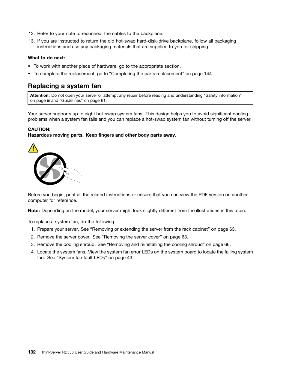 Replacing a system fan | Lenovo ThinkServer RD550 User Manual | Page 146 / 184
