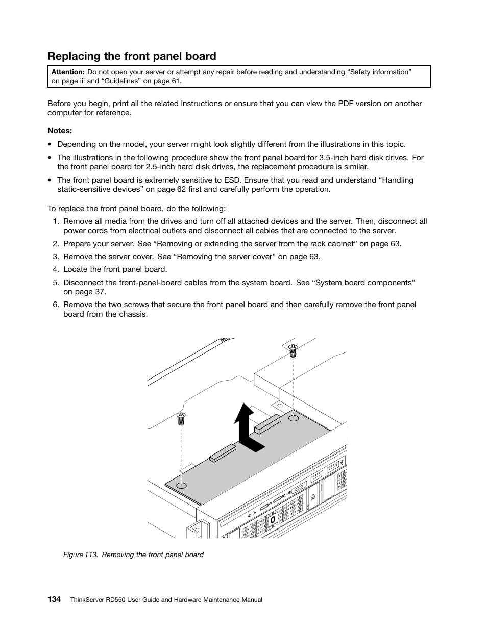 Replacing the front panel board | Lenovo ThinkServer RD550 User Manual | Page 148 / 184