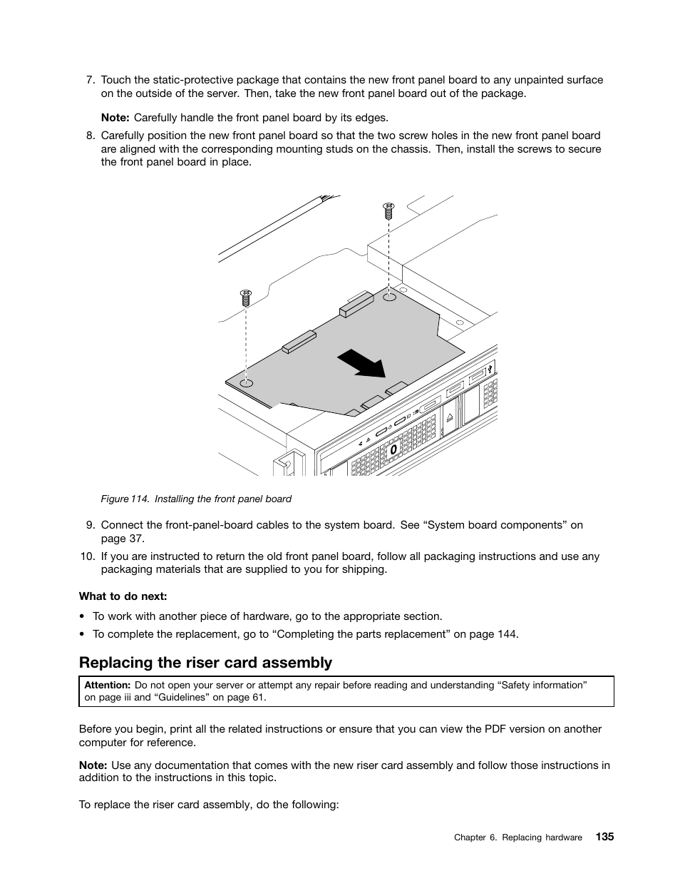 Replacing the riser card assembly, Replacing the riser card assembly” on, Replacing the riser | Lenovo ThinkServer RD550 User Manual | Page 149 / 184