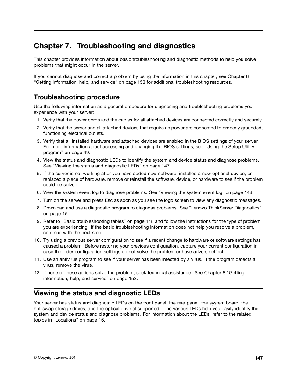 Chapter 7. troubleshooting and diagnostics, Troubleshooting procedure, Viewing the status and diagnostic leds | Lenovo ThinkServer RD550 User Manual | Page 161 / 184