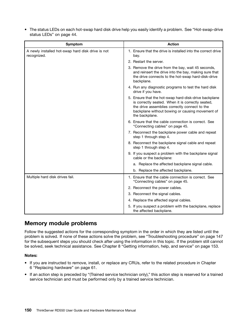 Memory module problems | Lenovo ThinkServer RD550 User Manual | Page 164 / 184