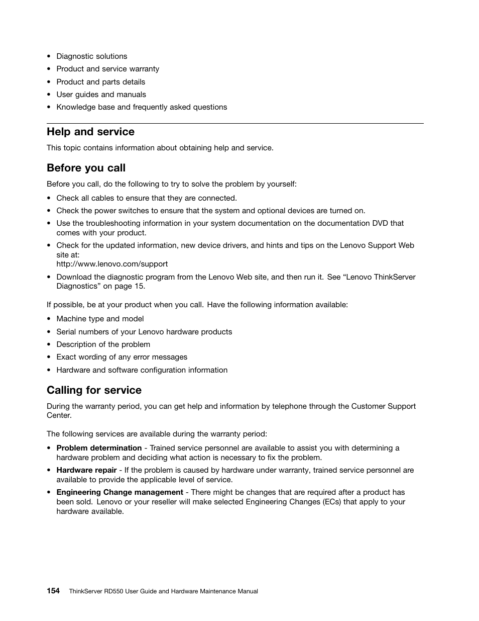Help and service, Before you call, Calling for service | Lenovo ThinkServer RD550 User Manual | Page 168 / 184