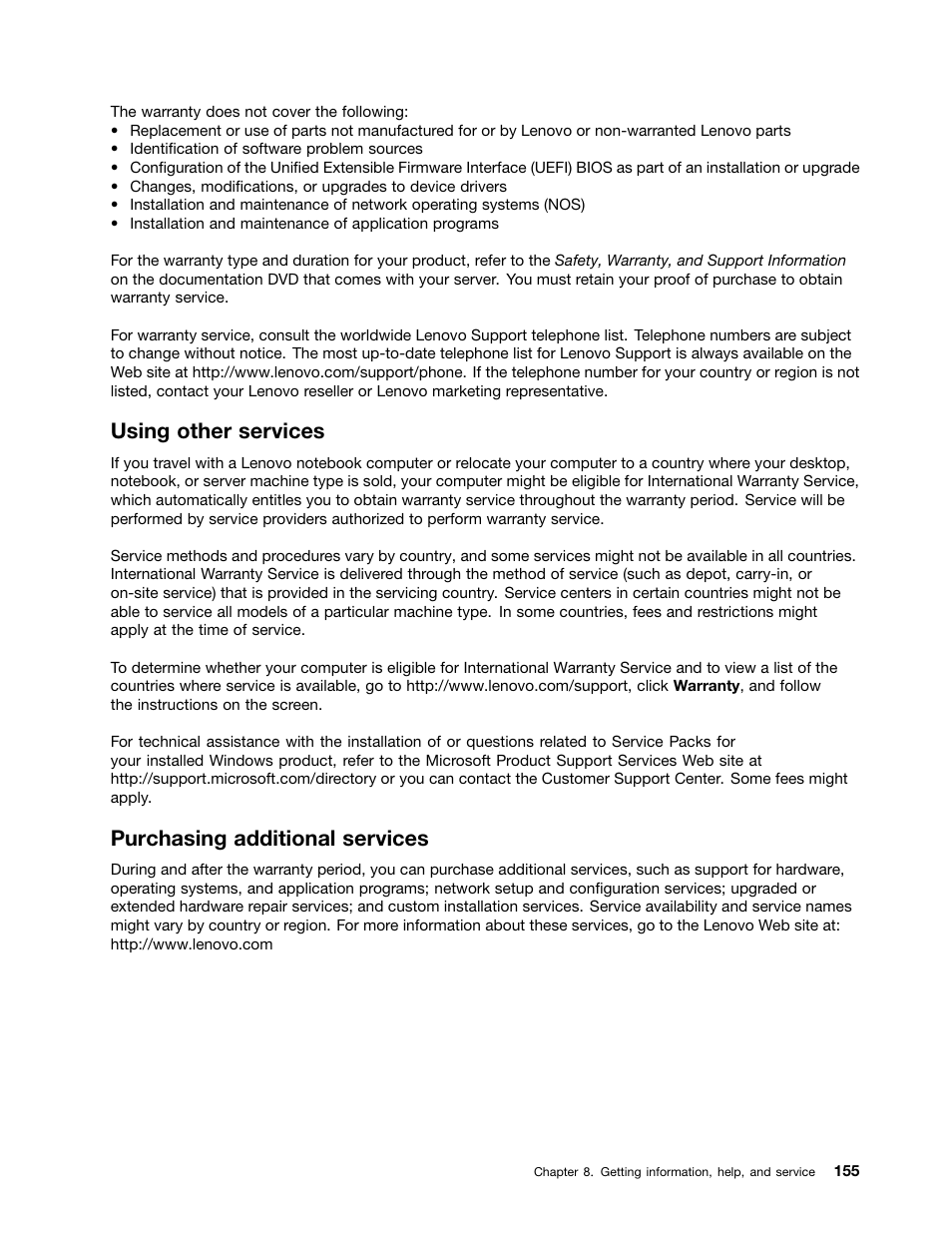 Using other services, Purchasing additional services | Lenovo ThinkServer RD550 User Manual | Page 169 / 184