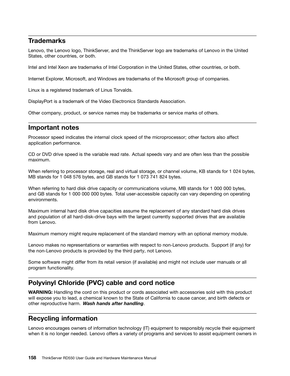 Trademarks, Important notes, Polyvinyl chloride (pvc) cable and cord notice | Recycling information | Lenovo ThinkServer RD550 User Manual | Page 172 / 184