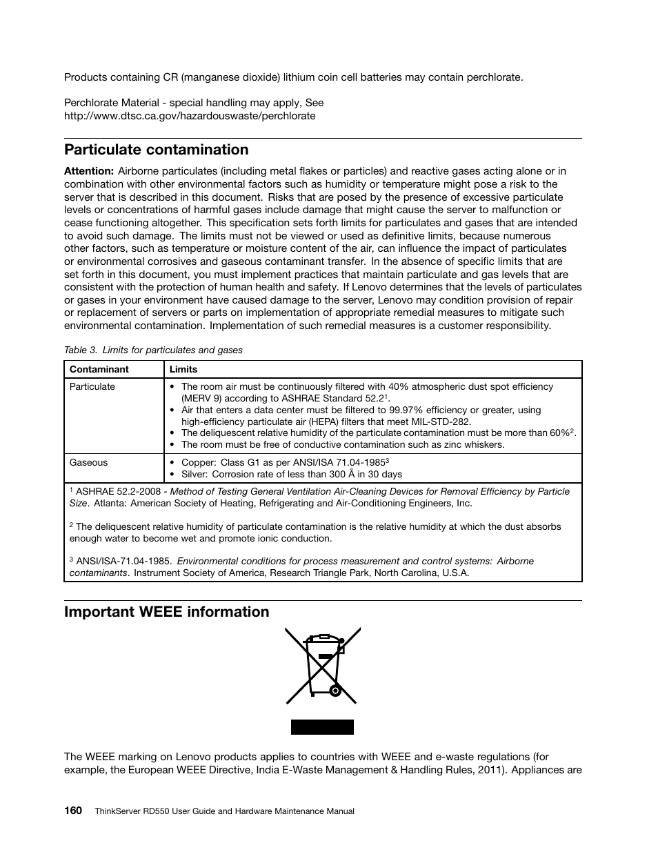 Particulate contamination, Important weee information | Lenovo ThinkServer RD550 User Manual | Page 174 / 184
