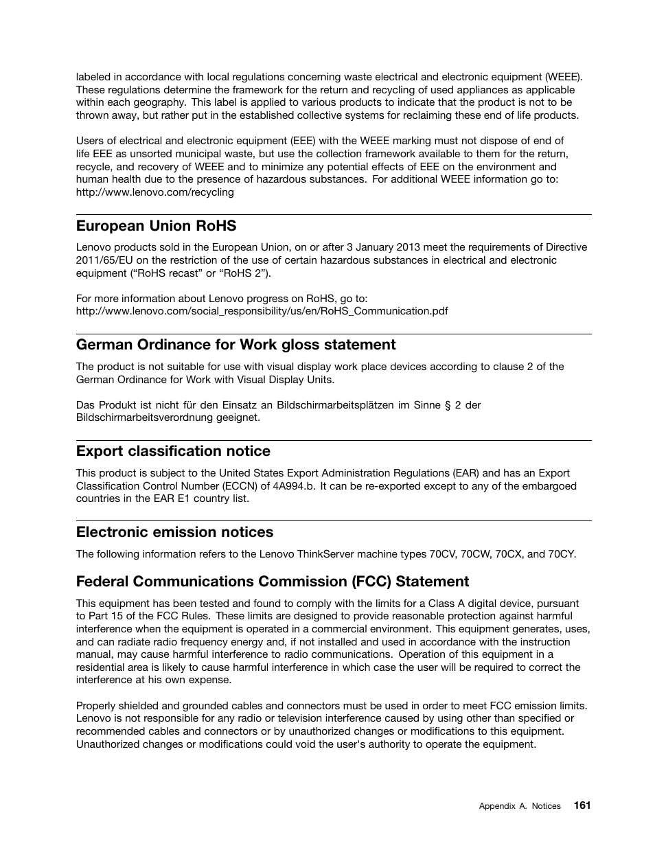 European union rohs, German ordinance for work gloss statement, Export classification notice | Electronic emission notices, Federal communications commission (fcc) statement | Lenovo ThinkServer RD550 User Manual | Page 175 / 184