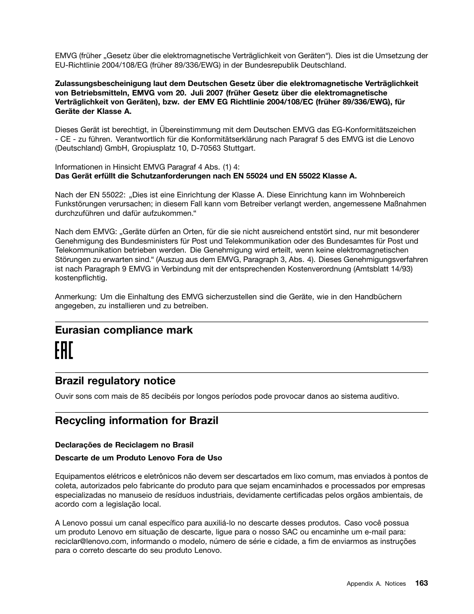 Eurasian compliance mark, Brazil regulatory notice, Recycling information for brazil | Eurasian compliance mark brazil regulatory notice | Lenovo ThinkServer RD550 User Manual | Page 177 / 184