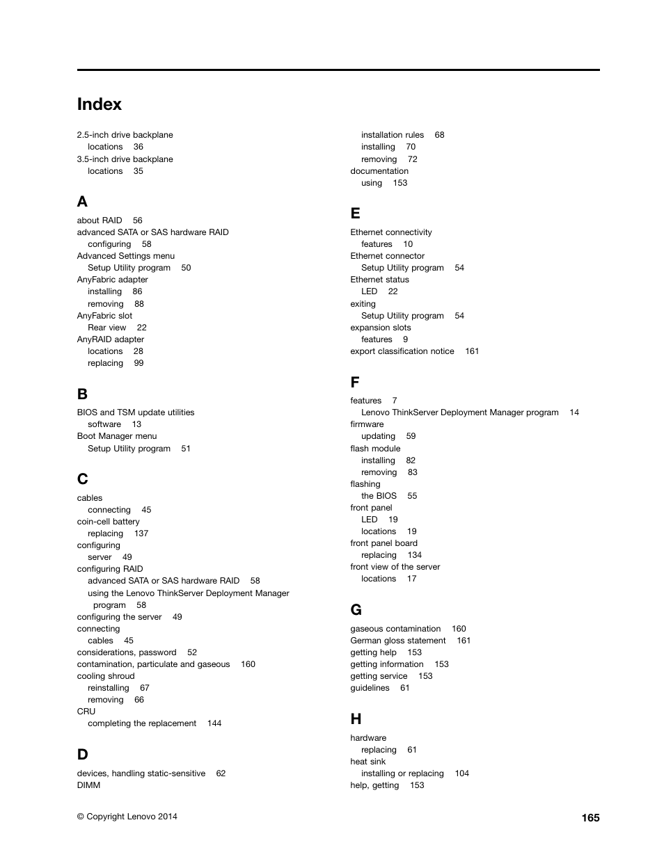Index | Lenovo ThinkServer RD550 User Manual | Page 179 / 184